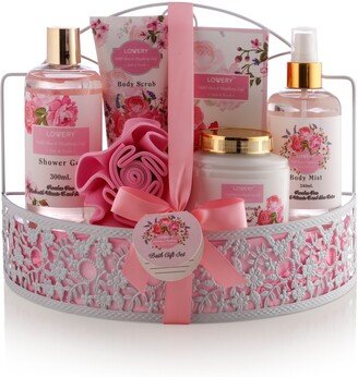 Lovery Home Spa Gift Basket - Wild Rose & Raspberry Leaf Scent - 7pc