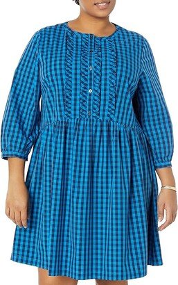 Plus Size Ruffle Placket Shift in Blue Gingham (Nassau Navy Multi) Women's Clothing