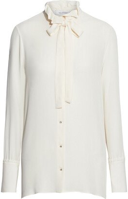 Pussy-bow ruffle-trimmed silk-crepe blouse