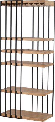 77 Inch Bookcase, 5 Tier Shelves, Fir Wood, Stemware, Metal Rods, Brown