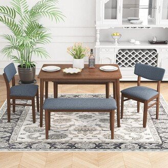 IGEMAN 5pcs Dining Table Set with 2 Benches and 2 Chairs Fabric Cushion
