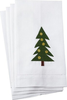 Saro Lifestyle Christmas Tree Embroidery Design Holiday Hemstitched Border Linen Cotton Guest Towel - Set of 4, 14x22, White