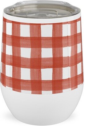 Travel Mugs: Red Watercolor Gingham Stainless Steel Travel Tumbler, 12Oz, Red