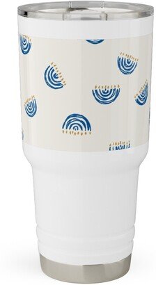 Travel Mugs: Nine Branch Menorah Tossed In Bright Blue Travel Tumbler, 30Oz, Beige