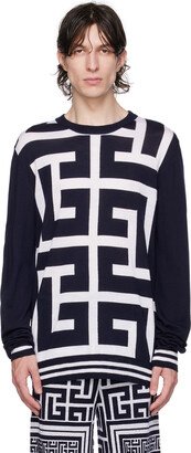 White & Navy Jacquard Sweater