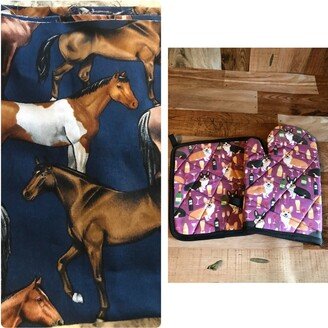 Horse Themed Insulated/Quilted Pot Holder & Oven Mitt Set/Individual, Made To Order