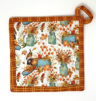 Fall Leaves Pot Holder, Large, Hanging Loop, Bird On Mailbox, Mason Jars, Sunflowers, Hot Pad, Orange, Yellow, Mini Quilt