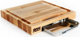 Newton Prep Master Large Maple Wood Cutting Board for Kitchen, 15 Inches x 14 Inches, 2.25 Inches Thick Grain with Groove & Stainless Pan