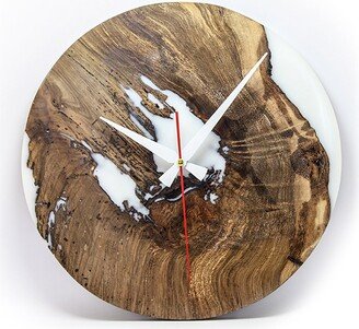 Epoxy Clock, Resin Clock For Wall, Wall Clock, Wooden Personalised Diameter, Walnut Tree Wood, White