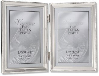 Polished Silver Plate Hinged Double Picture Frame - Bead Border Design - 4 x 6