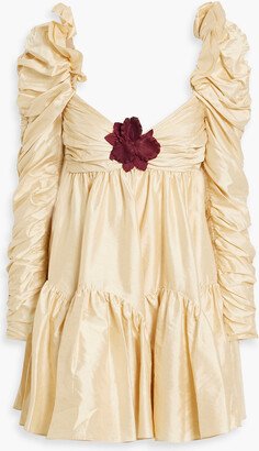 Floral-appliquéd ruched silk-shantung mini dress