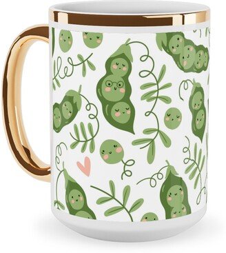 Mugs: Cute Peas - Green Ceramic Mug, Gold Handle, 15Oz, Green