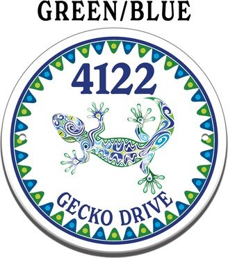 Gecko Themed Ceramic House Number Circle Tile, Lizard Address Door Sign, Desert Southwest Mosaic