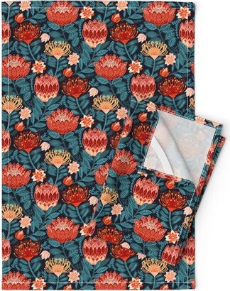 Pincushion Protea Tea Towels | Set Of 2 - Chintz By Tigatiga Australian Flowers Teal Navy Linen Cotton Spoonflower