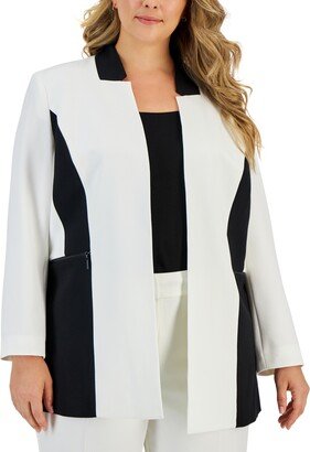 Plus Size Colorblocked Open-Front Long-Sleeve Jacket - Vanilla Ice/black