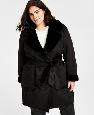 Women's Plus Size Belted Notched-Collar Faux-Shearling Coat