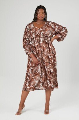 Women's Leaf Print Button-Front Dress in Brown, 3X