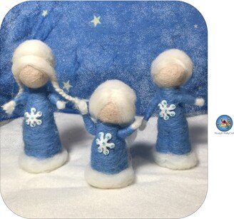 Waldorf Inspired, Set Of Three Snow Children For Winter Natural Table, Needle Felted Sculpted