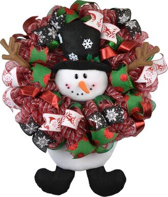 Plush Snowman Christmas Mesh Outdoor Front Door Wreath; White Red Lime Green Black