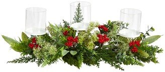 Holiday Winter Greenery and Berries Triple Candle Holder Artificial Christmas Table Arrangement, 20