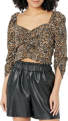 womens Fitted Crop Top Long Sleeve Ruched Bodice Sweetheart Neck Shirt