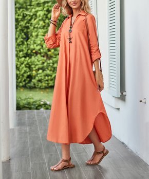Orange Tab-Sleeve Shirt Dress - Women