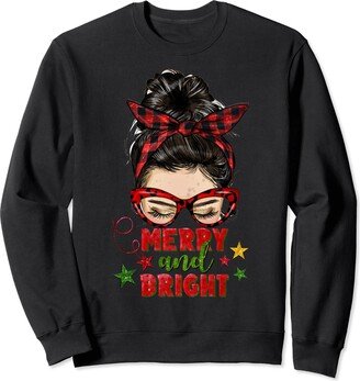 Messy Bun Merry And Bright Cute Christmas Holiday Women Sweatshirt