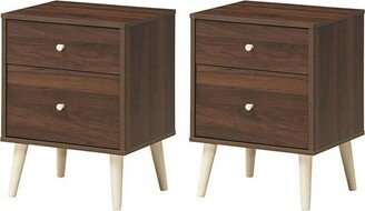 Set of 2 Nightstand 2-Drawer Beside End Side Table w/Rubber Legs Walnut Finish