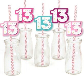 Big Dot of Happiness Girl 13th Birthday - Paper Straw Decor - Official Teenager Birthday Party Striped Decorative Straws - Set of 24