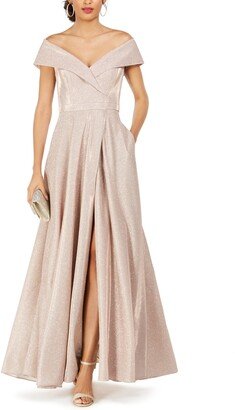 Petite Off-the-Shoulder Glitter Gown - Blush Pink/Silver