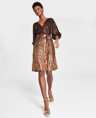 Petite Ombre Sequined Faux-Wrap Dress