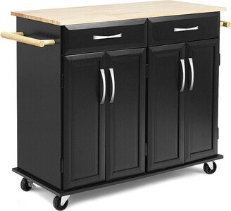 Rolling Kitchen Trolley Island Black Cart Wood Top Storage Cabinet Utility W/ Drawers-AA