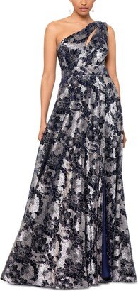 Petite One-Shoulder Metallic Floral Jacquard Gown