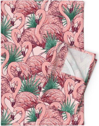 Pink Flamingoes Tea Towels | Set Of 2 - Wild Flamingo By Adehoidar Colorful Birds Tropical Beach Linen Cotton Spoonflower