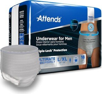 Attends Incontinence Underwear for Men, Ultimate Absorbency, Size L/XL, 18 Count