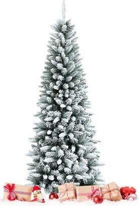 Tangkula 6.5FT Slim Snow-Flocked Christmas Tre Hinged Pencil Tree W/ 829 Branch Tips Premium PE & PVC