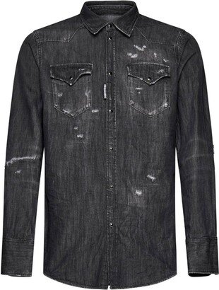 Long-Sleeved Distressed Denim Shirt