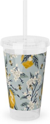 Travel Mugs: Bees, Blossoms & Lemons - Blue Acrylic Tumbler With Straw, 16Oz, Blue