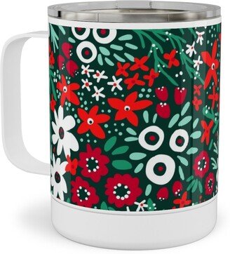 Travel Mugs: Rustic Floral - Holiday Red And Green Stainless Steel Mug, 10Oz, Green