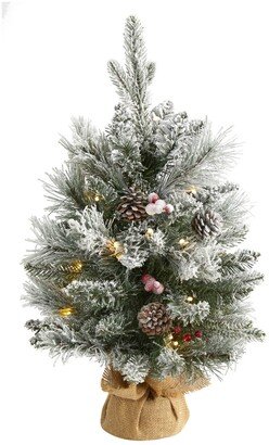 Flocked Artificial Christmas Tree with 30 Clear Lights, 73 Bendable Branches, Pine Cones and Berries