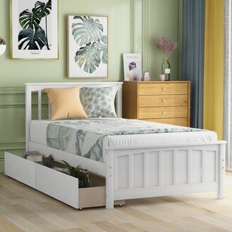 EDWINRAY Twin Size Platform Wood Bed Frame with Headboard and 2 Storage Drawers, No Box Spring Needed/Noise Free/Wood Slat Support, White