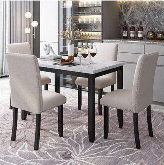 Faux Marble 5-Piece Dining Set Table with 4 Thicken Cushion Dining Chairs Beige+Black