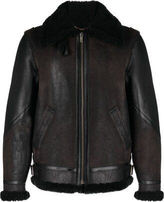 Shearling Collar Leather Jacket-AA