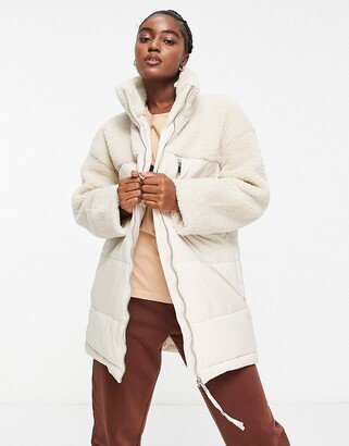 borg paneled puffer coat in cream