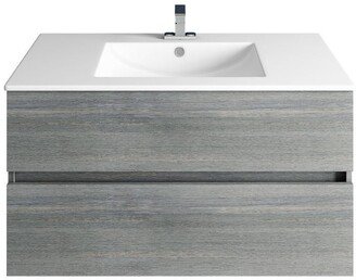 LEGNORI Gray Wall Hung Single 36 Vanity With White Stone Sink
