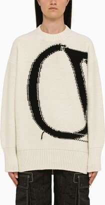 White/black crew-neck sweater in wool