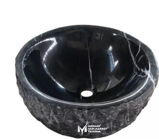 Toros Black Split Face Outside Round Washbasin - Handcrafted, 100% Natural Stone