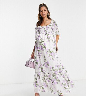 ASOS DESIGN Maternity scoop neck maxi dress with raw edge in white base purple floral print