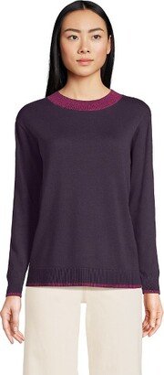 Land' End Women' Fine Gauge Cotton Crewneck Sweater - Small - Black Currant/Marl Trim