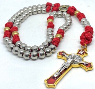 Brass & Stainless Steel Red Paracord Catholic Rosary, Rosary